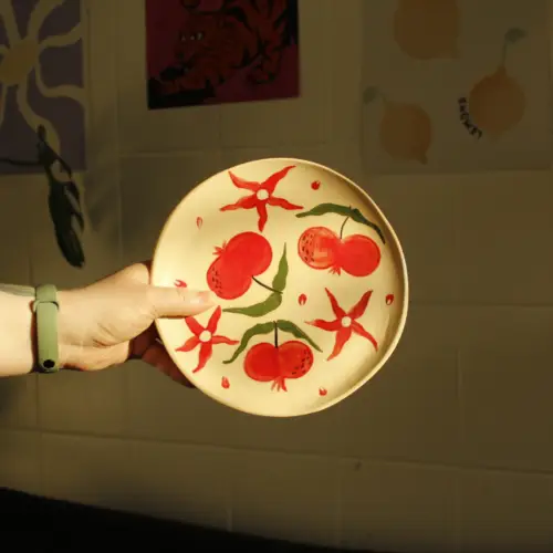 plates with pomegranate fruit and flowers