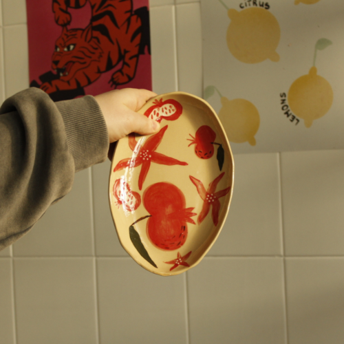 Oval Plate with Pomegranates and Flowers